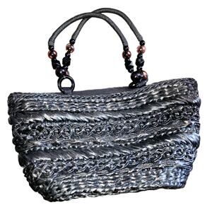 Chico's Black Straw Beaded Handle Large Purse Tote